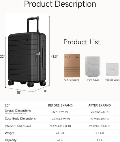 LUGGEX Carry On Luggage HUP3, Hardshell Suitcase with DiHook, Handy Pouch, 20 inch Expandable Suitcases Airline Approved TSA Lock, with Spinner Wheels (HX-Core)