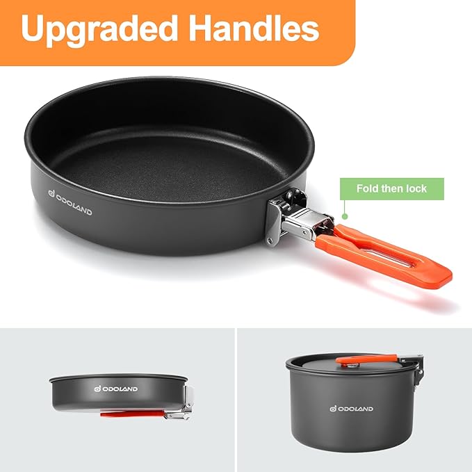 Odoland Camping Cookware Mess Kit, Non-Stick Lightweight Camping Pot and Fry Pan Set with Mesh Bag for Backpacking, Outdoor Cooking and Picnic