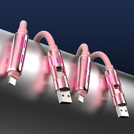 MFish 240W 4-in-1 Universal USB Charging Cable [2 Pack, 6.6ft] – Fast Charger Cord with USB-A, Dual USB-C & Lighting, for iPhone 14/15/16/17 Series, iPad & MacBook & More (2PACK, Pink+Pink, 6.6Ft)