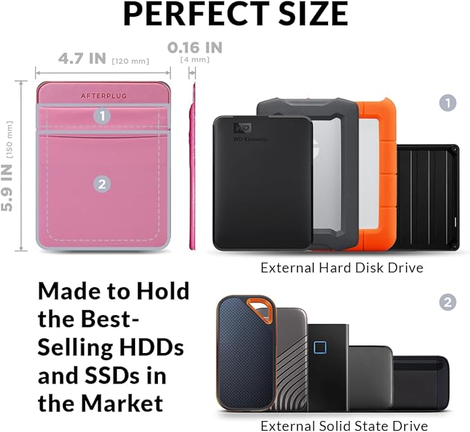 2-Pocket Adhesive Pouch for Laptop, Compatible with External 2.5" HDD, SSD, Magic Mouse, USB Cable and More - Pink