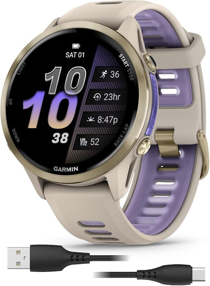 Wearable4U Garmin Forerunner 970 Soft Gold Titanium Smartwatch with French Gray Case and French Gray/Translucent Indigo Band, AMOLED Display Power Bank Bundle