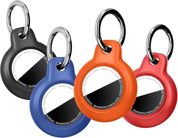 [4 Pack] Waterproof for Airtag Holder Keychain with Full Wrap Design, Hard PC for Air Tag Case, Scratchproof for Airtags for GPS Item Finder Tracker Luggage, Bag,Key-Black/Blue/Orange/Red