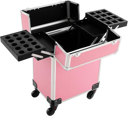 Pink Rolling Makeup Case, Professional Cosmetic Box Storage on Wheels, Large Make Up Train Carrying Cases w/4 Organizer Trays, Cosmetic Case Trolley with Locks for Makeup/Nail Art/Hair Styling