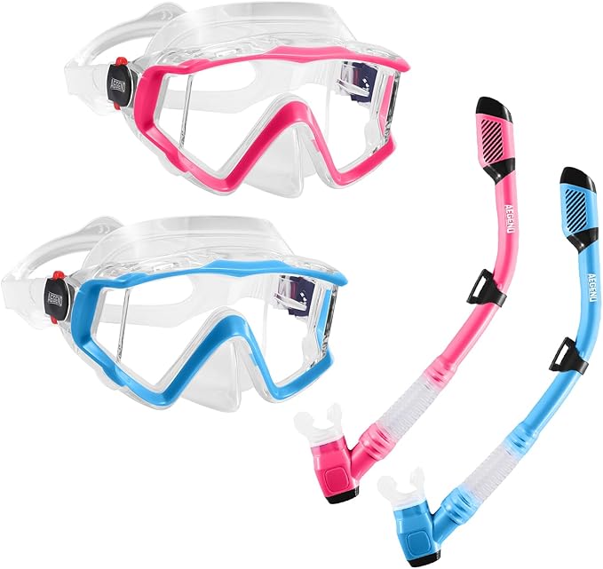 Aegend Snorkeling Gear for Adults Youth Kids, Dry Snorkel Set Panoramic View Enhanced Anti-Leak and Anti-Fog Technology, Adjustable Strap for Snorkeling Scuba Diving Swimming with Mesh Bag