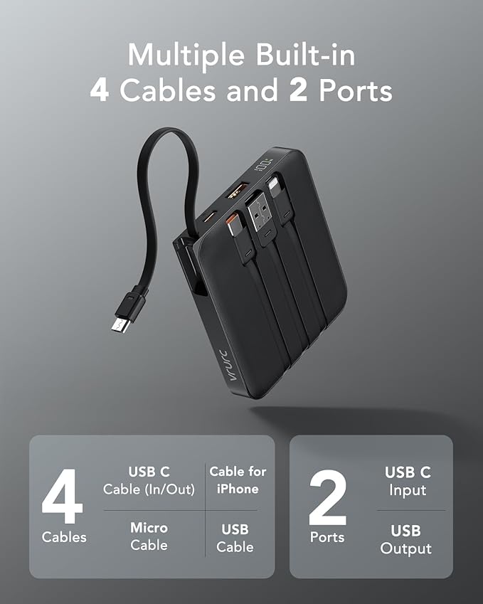 VRURC Portable Charger with Built-in Cable, 10000mAh 22.5W Fast Charging USB C Battery Pack, Cell Phone Power Bank for iPhone 17 16 15 Samsung Galaxy S25 S24 S23 Series Android Tablet, Black(1 Pack)