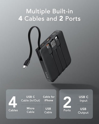 VRURC Portable Charger with Built-in Cable, 10000mAh 22.5W Fast Charging USB C Battery Pack, Cell Phone Power Bank for iPhone 17 16 15 Samsung Galaxy S25 S24 S23 Series Android Tablet, Black(1 Pack)