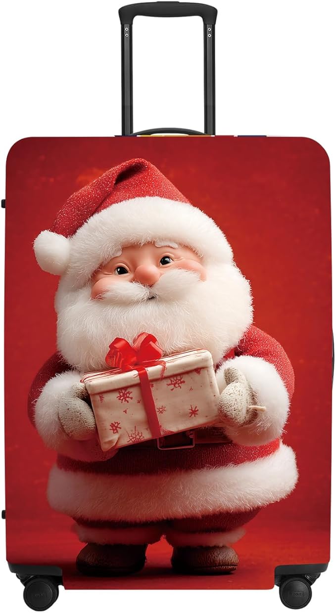 Doll Style Christmas Luggage Cover - 3D Santa Holding Present on Red Background, Unique Suitcase Protector for 24 26 Inch Bag