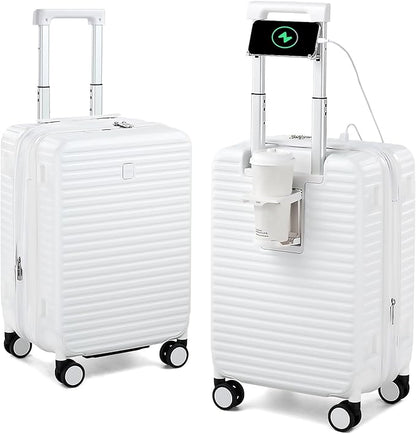 Hard Shell Suitcases Airline Approved 20 Inch Carry on Luggage, Expandable Travel Luggage Carry on Luggage with Cup Holder Charger Built in, Lightweight Small Suitcases with Wheels, White