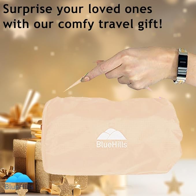 BlueHills Ultra Compact Travel Blanket Pillow for Airplane Traveling Essential Long Flight Trip Throw in Bag Portable Case Large Plane Accessories Beige - C007