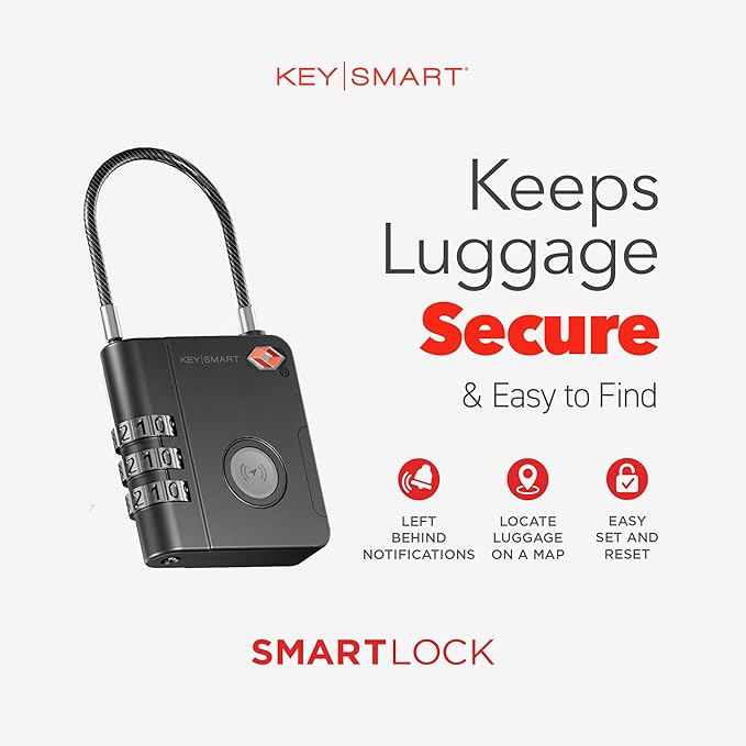 KeySmart SmartLock Tracking Luggage Locks, TSA Locks for Luggage, GPS Tracker, Combination Lock Compatible with Apple Find My App, Best Travel Essentials, Replaceable Non-Rechargeable Battery (3 Pack)
