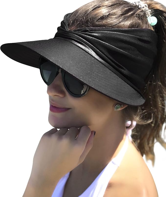 Sun Hat Women Sun Beach Visor Cap UV Protection with Wide Brim for Sports Beach Golf Hiking (Black)