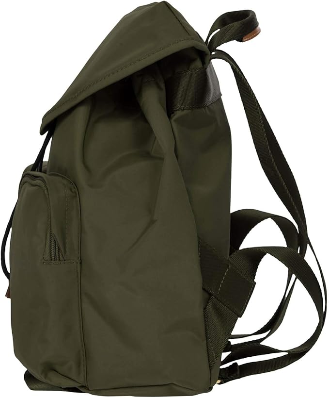 Bric's X-Travel Piccolo City Backpack 10", Water-Resistant Satin Nylon Daypack with Leather Details, Drawstring Closure, Adjustable Straps and Multi-Pocket Organization - Olive