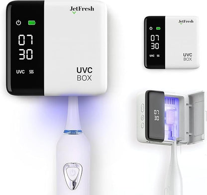 UV Toothbrush Sanitizer Holder & Cleaner with LED Clock Display & Hot Air Drying – Wall-Mounted UV Tooth Brush Holder for Bathroom Decor, Travel Use, Rechargeable Portable Design, Fits All Brushes