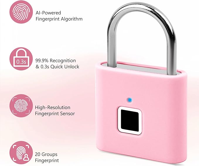UMIKSMART Smart Fingerprint Lock, Combination Keyless Padlock with USB Charging, Waterproof for Bike, School Locker, Gym, Luggage, Storage, Sweet Pink Set