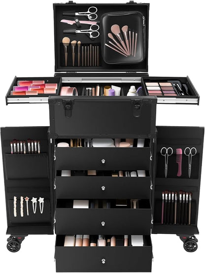 YIYIBYUS 5 in 1 Rolling Makeup Cart, Professional Cosmetic Organizer Travel Case, Extra Large Trolley Nail Artist Salon Storage Traveling Cart, with 360° Swivel Wheels