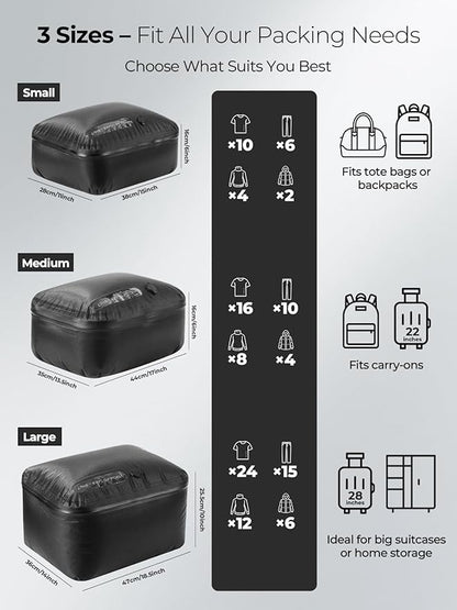 Vacuum Bags for Travel with Wireless Pump, 180° Open Zipper, IP67 Waterproof, Reusable Space Saver Compression Bags for Backpack(3 Pack + Pump)