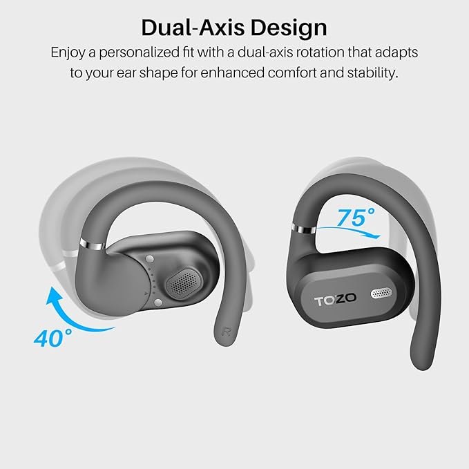 TOZO OpenWear Open Ear Headphones, Adjustable Ear Hooks, Ultra Comfort, Punchy Bass Bluetooth Headphones 5.4 with Smart Digital Display, Immersive Audio Earbuds, Stereo Bass, Fast Charging