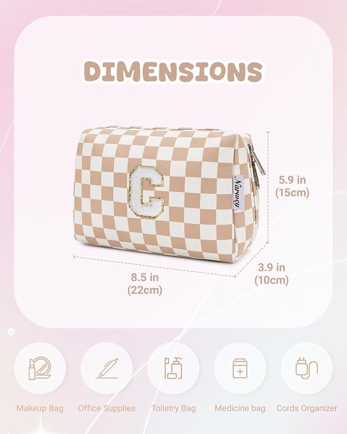 Narwey Birthday Gifts for Women Teen Girls Kids Personalized Initial Checkered Makeup Bag Cute Cosmetic Bag Trendy Stuff 6 8 10 11 12 13 14 16 18 Years Old Travel Toiletry Bag (Brown Letter C)