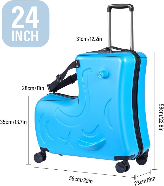 24 Inch Ride On Kids Suitcase with Wheels, Ride on Luggage with Pedal, Hardshell Kids Suitcase Adjustable Safe Harness, ABS+PC, Up To 100 Lbs, Blue