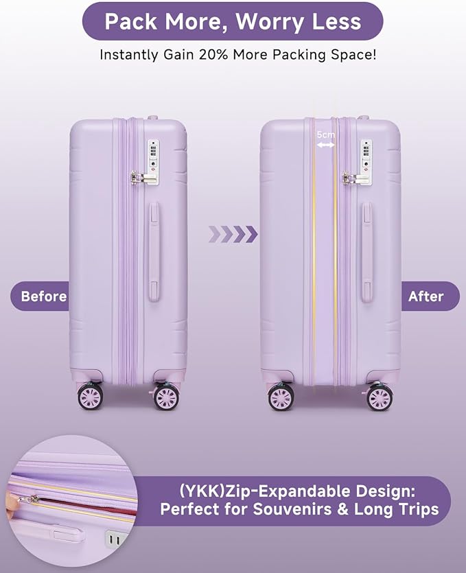 Somago 3 Piece Luggage Set with Cup Holder, Expandable 25% Capacity Suitcase with Shock-Absorbing Braking Spinner Wheels Moon Star Design Hardside Suitcase with TSA Lock (Light Purple,Expandable Sets)