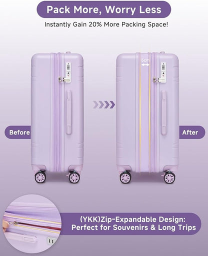 Somago Expandable 2-Piece Luggage Sets 20"/24" Suitcases with Shock-Absorbing Braking Spinner Wheels Moon Star Design Hard Shell Suitcase with Cupholder TSA Lock (Light Purple,Expandable 20/24 Inch)