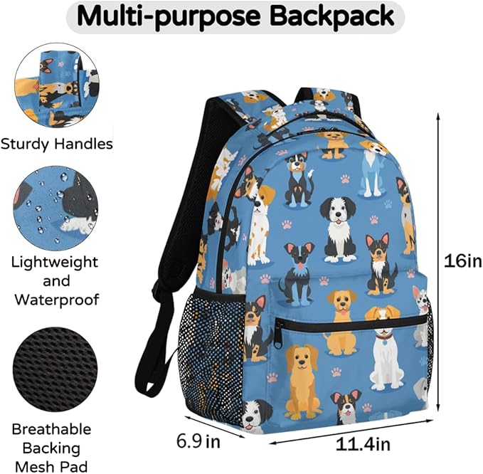 Cute Dogs Breeds Backpack for Women Men Kids 16 Inch Laptop Backpack Lightweight Travel Backpack Purse Casual Daypack School Backpacks for Girls Boys