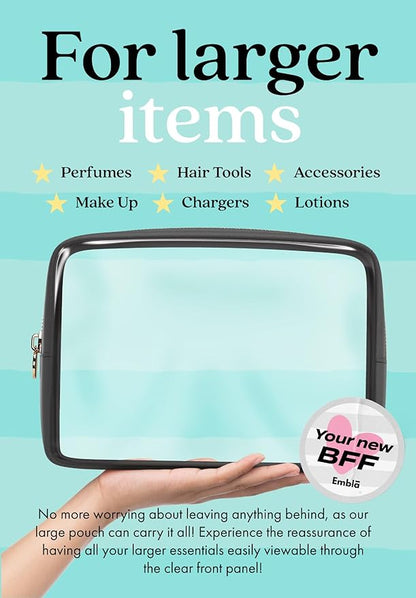 Clear Makeup Bag Zipper Pouch, Transparent Cosmetic Case Organizer, TSA Approved Travel Toiletry Case, Travel Accessories Essentials Makeup Tote for Women, Large Cute Make up Bag for Purse - Black