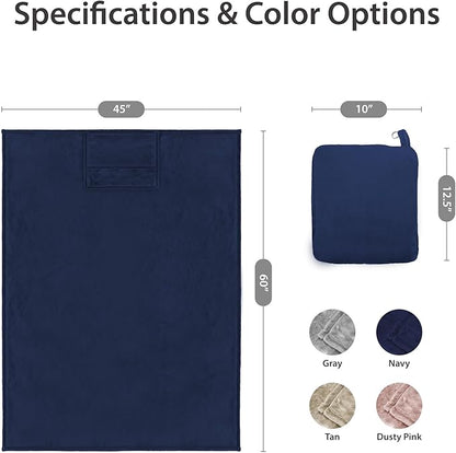 DEZ FURNISHINGS 4-in-1 Travel Compact Blanket Pillow Super Soft Velvet with Luggage Sleeve and Backpack Clip, Navy, 60" x 45"