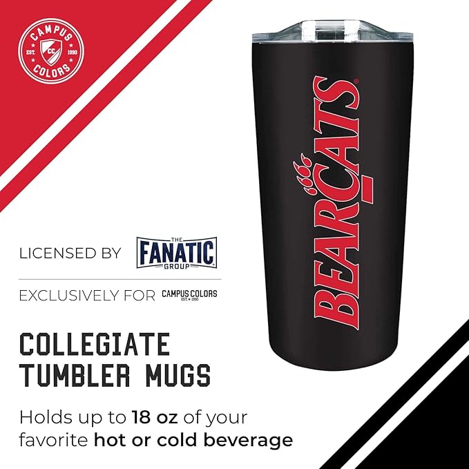 Campus Colors NCAA Stainless Steel Tumbler perfect for Gameday - 18 oz - Double Walled - Keeps Drinks Perfectly Insulated (Cincinnati Bearcats - Black)