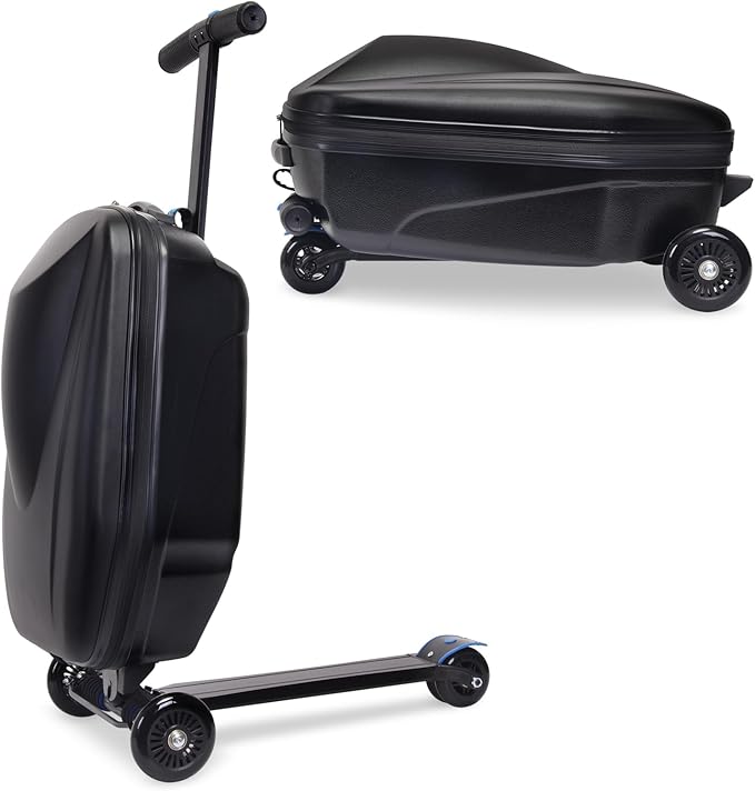 Apelila 20" Scooter Suitcase for Kids, 2-in-1 Ride On Luggage with Wheels for Boys & Girls Ages 4-15, Foldable Hardshell Carry On Lightweight Travel Suitcase for Airplane (Black)