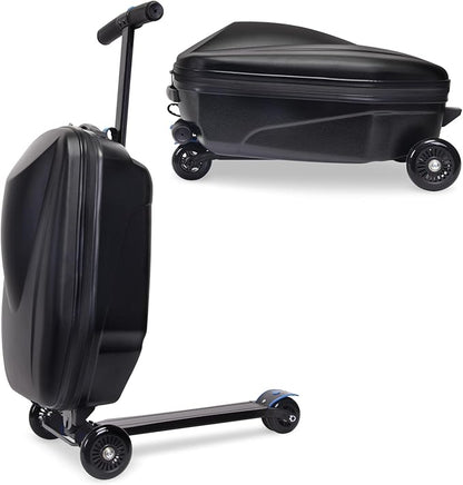 Apelila 20" Scooter Suitcase for Kids, 2-in-1 Ride On Luggage with Wheels for Boys & Girls Ages 4-15, Foldable Hardshell Carry On Lightweight Travel Suitcase for Airplane (Black)
