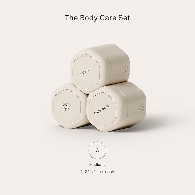 Cadence Travel Containers - Body Care Capsule Set - Magnetic Containers with Lids,Carry On Travel Essentials for Women/Men - 3 Flex Mediums (1.32oz) - Body Wash, Lotion & Sun Icon Labels - Sand