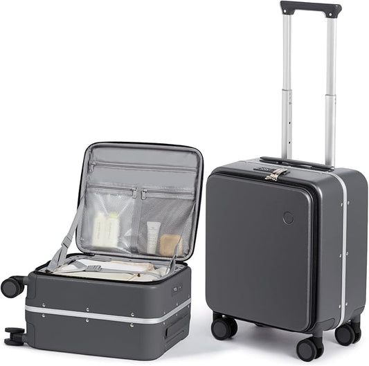 mixi 14 Inch Underseat Carry On Luggage PC Hard Shell Suitcase Top Opening Aluminum Frame Travel Suitcases with Wheels, Rock Gray
