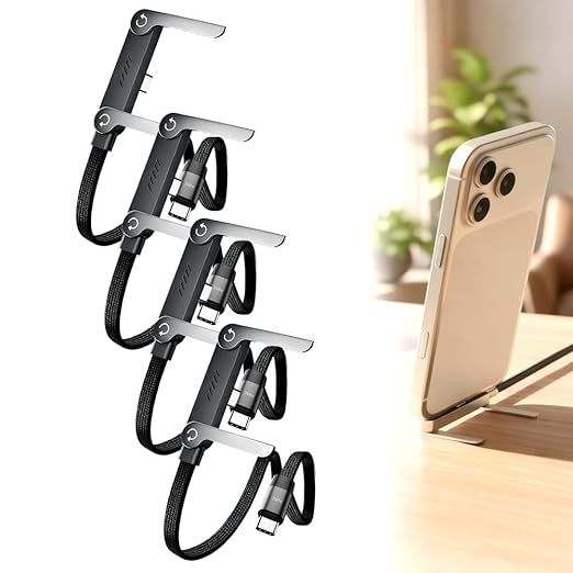 240W Braided Fast Charge Cable With Built-in Phone Stand, 2026 Upgrade T-Shaped Foldable Durable USB-C Cord, 90 Degree USB C Cable Right Angle Multi-Functional Charger Cord, Type-C to Type-C (4Pcs)