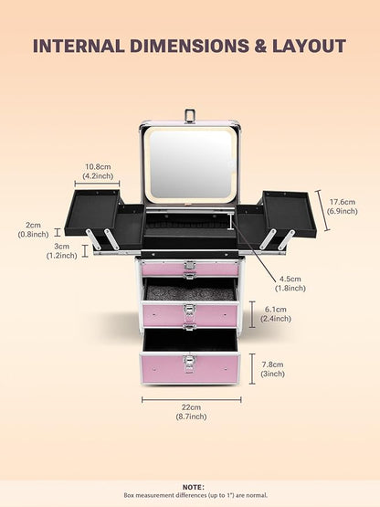 Qislee Makeup Box with Double Drawers and Four Trays, A Detachable Lighted Mirror, Waterproof Travel Train Case, Cosmetic Organizer and Makeup Suitcase with Magnetic LED Mirror(ICY Pink)