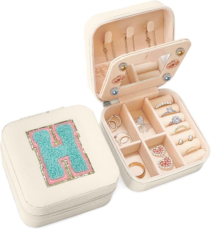 SANDJEST Personalized Jewelry Box, White Travel Jewelry Box with Initial H, Small Monogrammed Jewelry Case Organizer for Girls Women Teen Kids, Mini Travel Essentials Gifts for Birthday Christmas