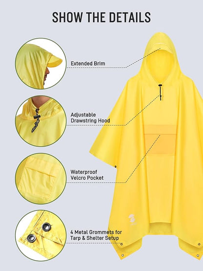 SaphiRose Extra Thick Hooded Rain Poncho Double Layer Waterproof Raincoat Jacket for Men Women Adults