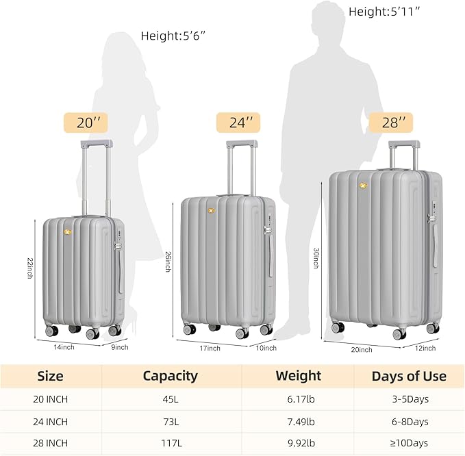 MGB Hardside Checked Luggage with Wheels, Lightweight Durable Medium Luggage with TSA Lock, PC Hard Shell Suitcase for Travel with 360°Double Spinner Wheels