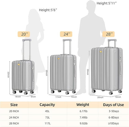 MGB Hardside Checked Luggage with Wheels, Lightweight Durable Medium Luggage with TSA Lock, PC Hard Shell Suitcase for Travel with 360°Double Spinner Wheels