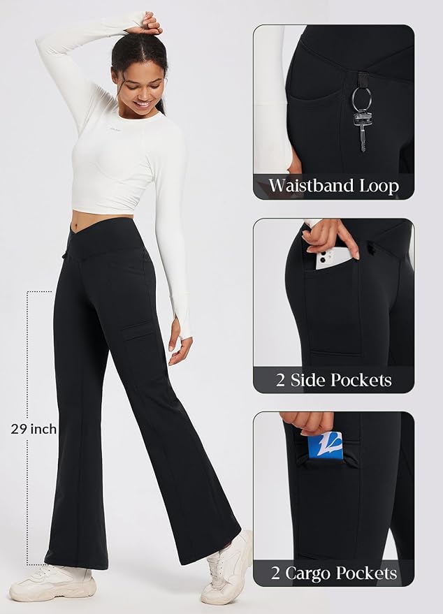 baleaf Women's Fleece Lined Pants Winter Thermal Water Resistant Crossover Flare Leggings Warm Bootcut Hiking Outdoor