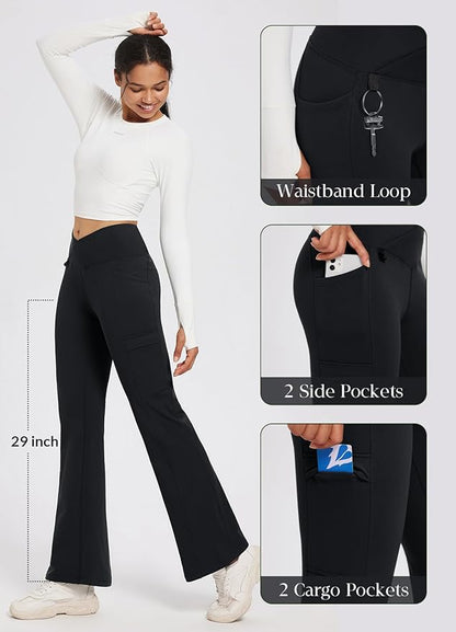 baleaf Women's Fleece Lined Pants Winter Thermal Water Resistant Crossover Flare Leggings Warm Bootcut Hiking Outdoor