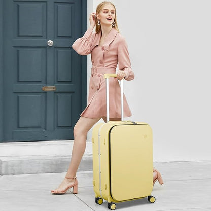 mixi Luggage Suitcase with Spinner Wheels, 24'' Checked Travel Luggage Aluminum Frame PC Hardside with TSA Lock & Cover - Lark Yellow