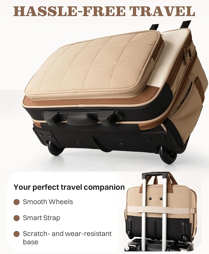 Rolling Puffer Laptop Bag, Rolling Briefcase for Women, Wheeled 16 Inch Computer Bag, Water Resistant Stylish Overnight Underseat Carry On Luggage with Wheels for Work Travel Business, Khaki