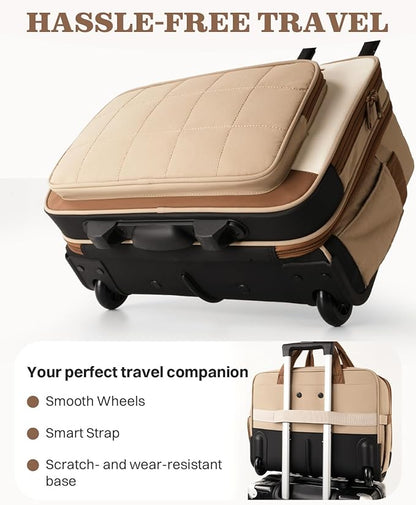 Rolling Puffer Laptop Bag, Rolling Briefcase for Women, Wheeled 16 Inch Computer Bag, Water Resistant Stylish Overnight Underseat Carry On Luggage with Wheels for Work Travel Business, Khaki