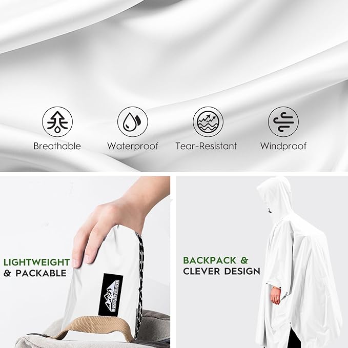 Bruvoalon 3-in-1 Rain Poncho with 1/4 Zip & Chest Pocket, Waterproof, Sunshade, Ground Mat for Adults & Youth Emergency