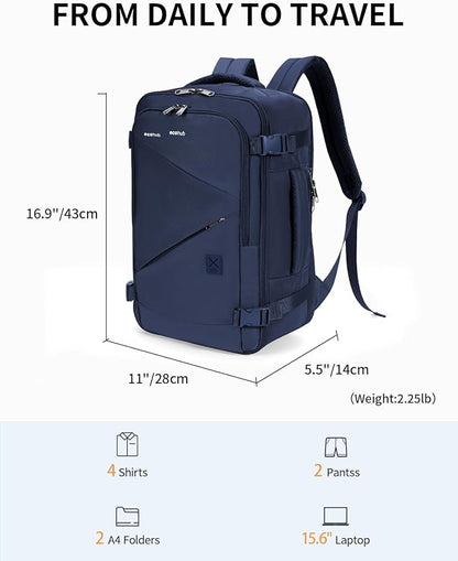 ECOHUB 17" Small Unisex Travel Backpack United Airlines Approved 17x10x9 Friendly Suitcase Anti-Theft Lockable Zippers Style Personal Item Bag Travel Essentials with 12 Pockets Water Resistant, Blue
