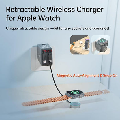 Retractable Apple Watch Charger, 5 in 1 Travel Charging Station for Apple Devices, Retractable Chargers for Multiple Devices with Multi Charging Cable, Charger Block for Apple Gear (Grey)