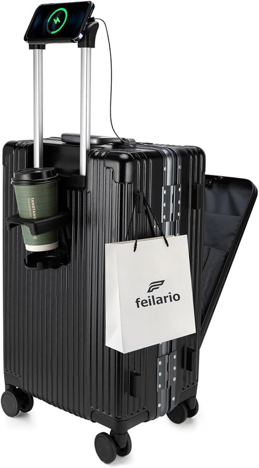 feilario 24in Aluminium Frame Zipperless PC Hard Shell Spinner Wheels Luggage, Built-In TSA lock Carry on Suitcase, with Cup Holder, USB Port, Phone Holder