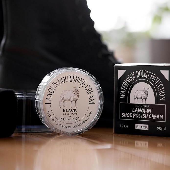 SALTY FISH Shoe Polish Cream 3.2Oz, Lanolin Shoe Polish Kit with Shoe Shine Sponge, Condition Waterproof Restore Shoe Boot