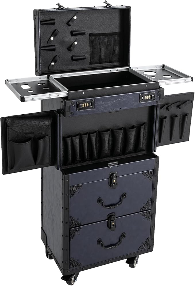 Beauty Rolling Makeup Train Case, Professional Lockable Rolling Salon Luggage, Retro-Rolling Cart Storage Organizer Trolley Make Up Case, 4 Universal Wheels, Retractable Rod, Buckle (Blue)